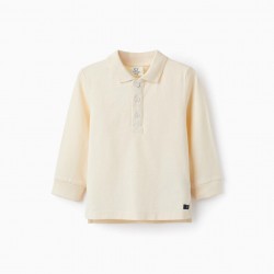 LONG SLEEVE COTTON POLO FOR BABY BOY, BEIGE