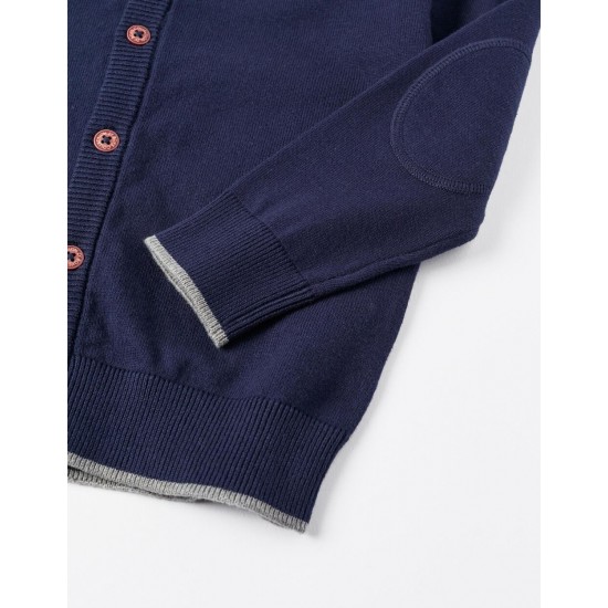KNITTED JACKET WITH ELBOW PADS FOR BOYS, DARK BLUE
