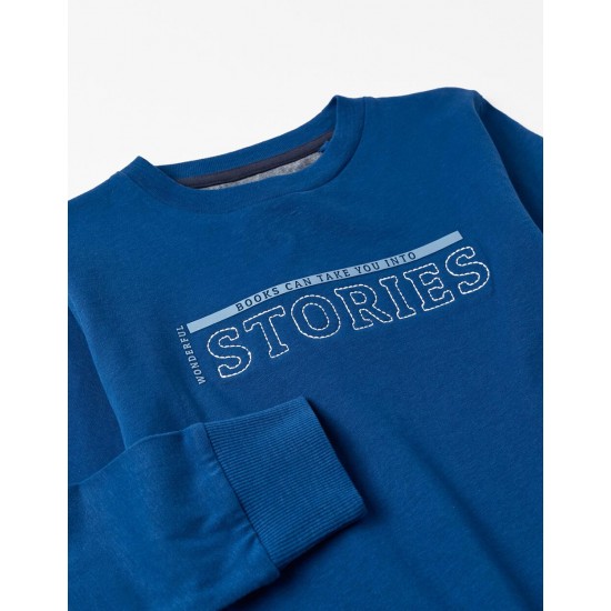 BOYS' COTTON LONG SLEEVE T-SHIRT 'STORIES', BLUE