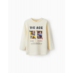 COTTON JERSEY T-SHIRT FOR BOYS 'THE ACE', LIGHT BEIGE