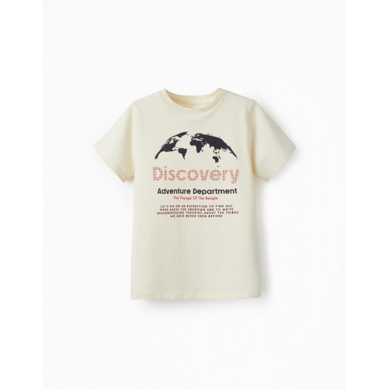 COTTON T-SHIRT FOR BOYS 'DISCOVERY', LIGHT BEIGE