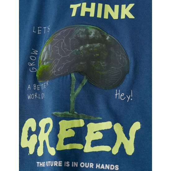COTTON T-SHIRT WITH HOLOGRAPHIC EFFECT FOR BOYS 'THINK GREEN', BLUE