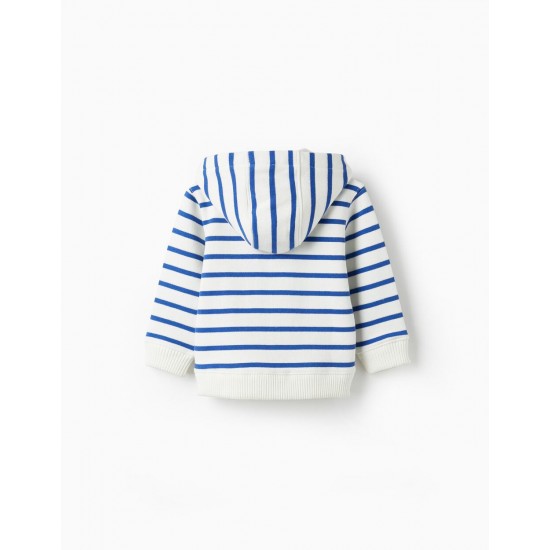 STRIPED HOODED JACKET FOR BABY BOY, WHITE/BLUE