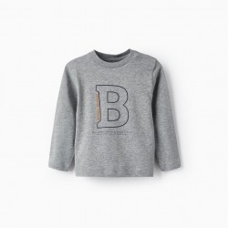 LONG SLEEVE COTTON T-SHIRT FOR BABY BOYS 'BOOKS', GRAY