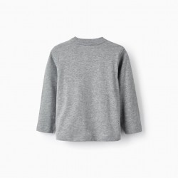 LONG SLEEVE COTTON T-SHIRT FOR BABY BOYS 'BOOKS', GRAY