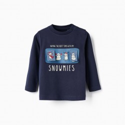 LONG SLEEVE COTTON T-SHIRT FOR BABY BOY 'SNOWMIES', BLUE
