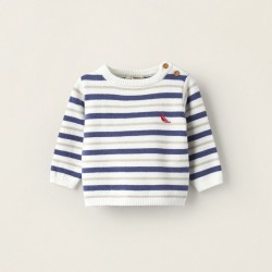 STRIPED KNITTED SWEATER FOR NEWBORN, BLUE/WHITE/BEIGE