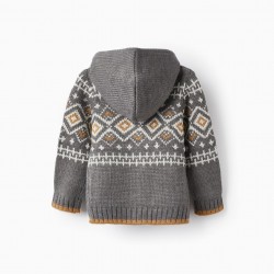 JACQUARD KNIT HOODED JACKET FOR BABY BOYS, GRAY