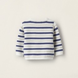 STRIPED KNITTED SWEATER FOR NEWBORN, BLUE/WHITE/BEIGE