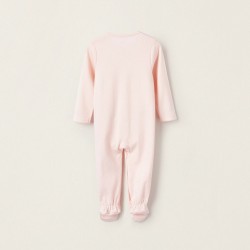 COTTON BODYSUIT WITH FEET FOR BABY GIRL 'DEAR MOM & DAD', PINK