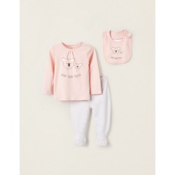 BIB + T-SHIRT + PANTS FOR BABY GIRL 'I LOVE YOU', PINK/WHITE/BEIGE