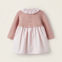 COMBINED KNIT AND COTTON DRESS FOR NEWBORN, PINK