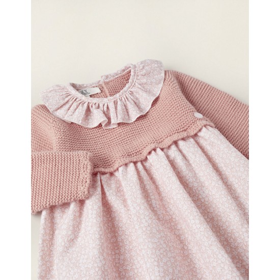 COMBINED KNIT AND COTTON DRESS FOR NEWBORN, PINK