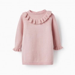 KNITTED COMPRESSED SLEEVE DRESS WITH LUREX THREADS FOR BABY GIRL, PINK