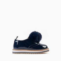 PATENT LEATHER SHOES WITH POM POM FOR BABY GIRL, DARK BLUE