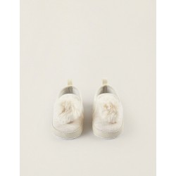 FABRIC AND LEATHER SLIPPERS WITH POMPOMS FOR NEWBORN, BEIGE