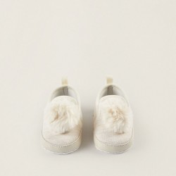 FABRIC AND LEATHER SLIPPERS WITH POMPOMS FOR NEWBORN, BEIGE