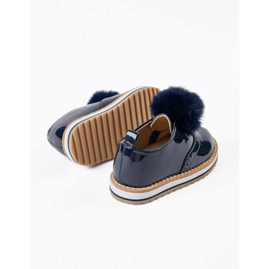 PATENT LEATHER SHOES WITH POM POM FOR BABY GIRL, DARK BLUE
