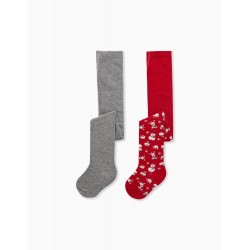 PACK 2 PAIRS OF KNITTED TIGHTS FOR BABY GIRLS 'NATAL', RED/GREY