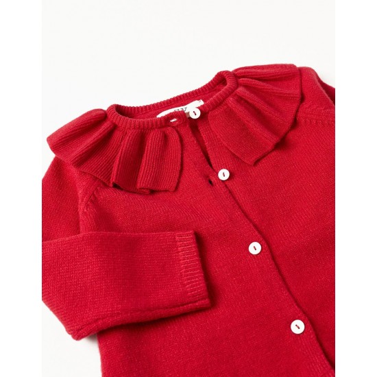 KNITTED JACKET WITH FRILL FOR BABY GIRL, RED