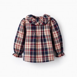 CHECKED COTTON BLOUSE FOR BABY GIRL 'B&S', DARK BLUE/BEIGE/RED
