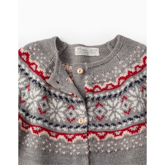 JACQUARD KNITTED JACKET FOR BABY GIRL, GRAY