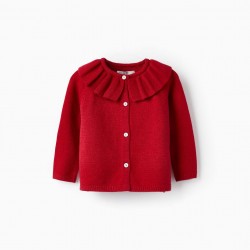 KNITTED JACKET WITH FRILL FOR BABY GIRL, RED