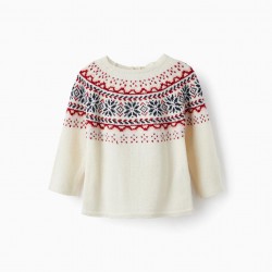 KNITTED SWEATER WITH JACQUARD FOR BABY GIRL, WHITE