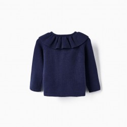 KNITTED JACKET WITH FRILL FOR BABY GIRL, DARK BLUE