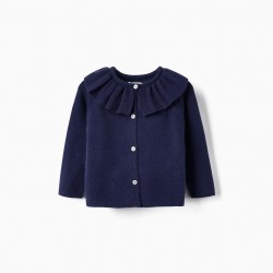 KNITTED JACKET WITH FRILL FOR BABY GIRL, DARK BLUE