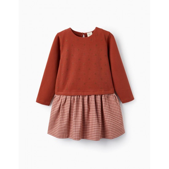 COTTON DRESS WITH STUDS AND VICHY FOR GIRLS, DARK RED