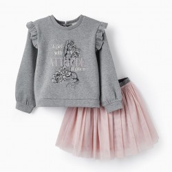 SWEATER + SKIRT WITH RHINESTONES AND TULLE FOR GIRLS, LILAC/GRAY