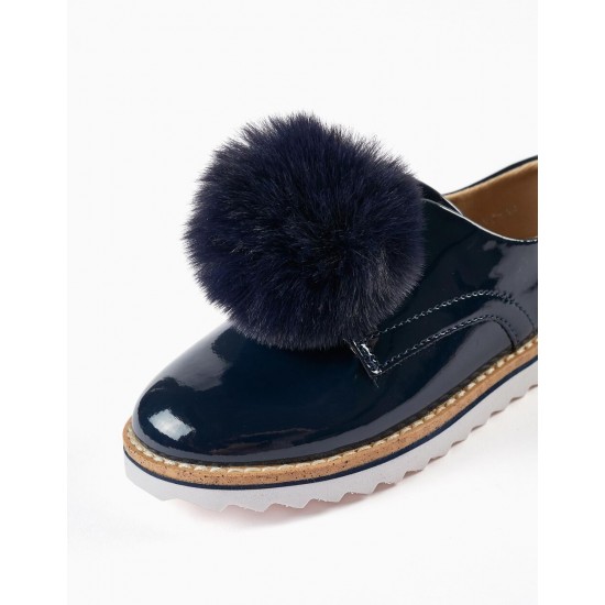 PATENT LEATHER SHOES WITH POMPOM FOR GIRLS, DARK BLUE