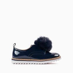 PATENT LEATHER SHOES WITH POMPOM FOR GIRLS, DARK BLUE