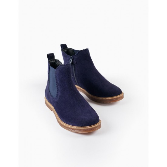 SUEDE CHELSEA BOOTS FOR GIRLS, DARK BLUE