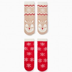 PACK OF 2 PAIRS OF NON-SLIP SOCKS FOR CHILDREN 'CHRISTMAS', BEIGE/RED