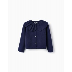 KNITTED JACKET WITH RUFFLE FOR GIRLS, DARK BLUE