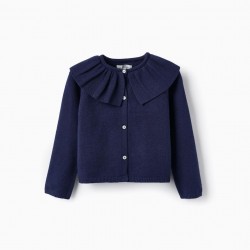 KNITTED JACKET WITH RUFFLE FOR GIRLS, DARK BLUE