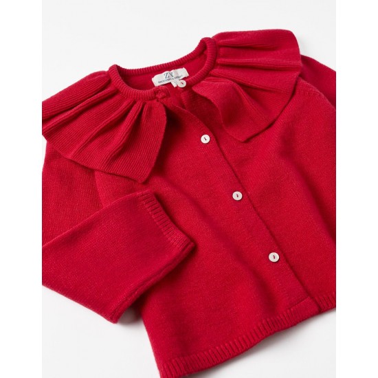 KNITTED JACKET WITH RUFFLE FOR GIRL, RED