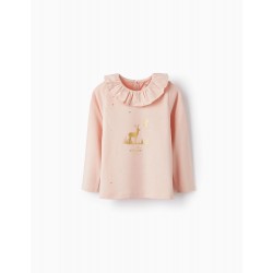 COTTON T-SHIRT WITH RUFFLE NECK FOR GIRLS 'WINTER DREAMS', PINK