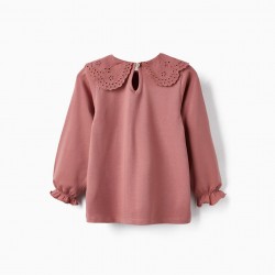 LONG SLEEVE T-SHIRT WITH ENGLISH EMBROIDERY COLLAR FOR GIRLS, PINK