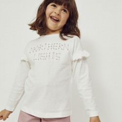 GIRLS' LONG SLEEVE COTTON T-SHIRT WITH SEQUINS, WHITE