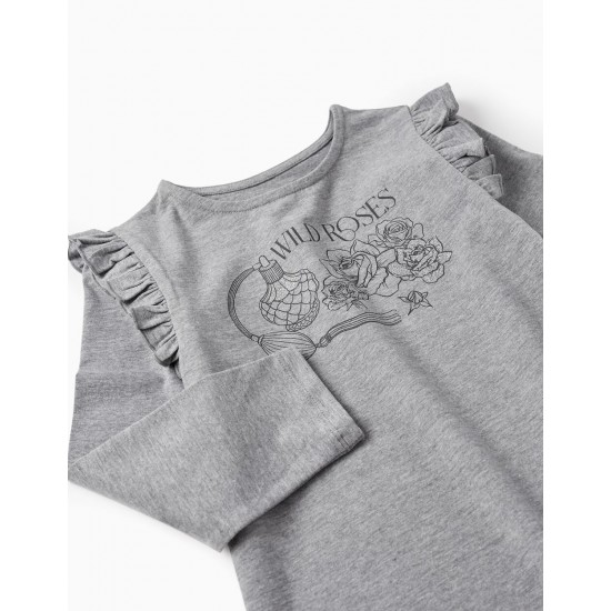 COTTON JERSEY T-SHIRT FOR GIRLS 'WILD ROSES', GRAY