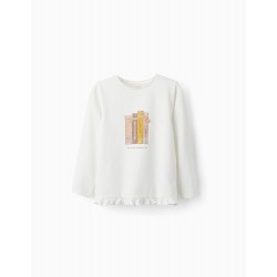 LONG SLEEVE COTTON JERSEY T-SHIRT FOR GIRLS, WHITE