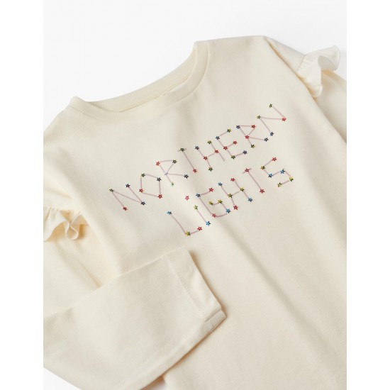 GIRLS' LONG SLEEVE COTTON T-SHIRT WITH SEQUINS, WHITE