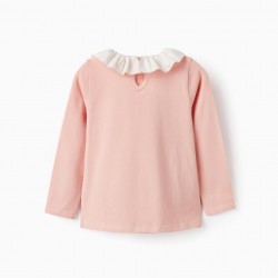 COTTON JERSEY T-SHIRT WITH RUFFLE FOR GIRL, LIGHT PINK