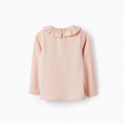 COTTON T-SHIRT WITH RUFFLE NECK FOR GIRLS 'WINTER DREAMS', PINK