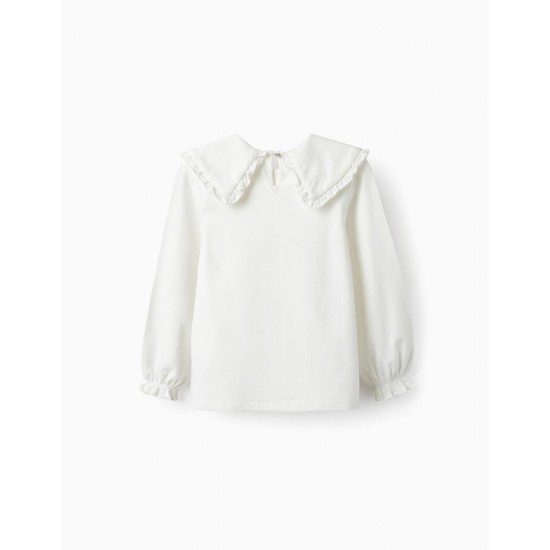 LONG SLEEVE T-SHIRT WITH RUFFLES FOR GIRLS, WHITE