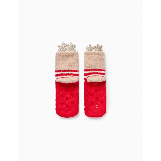 SOCKS WITH POMPOM AND HORNS FOR GIRLS 'RUDOLPH', BEIGE/RED