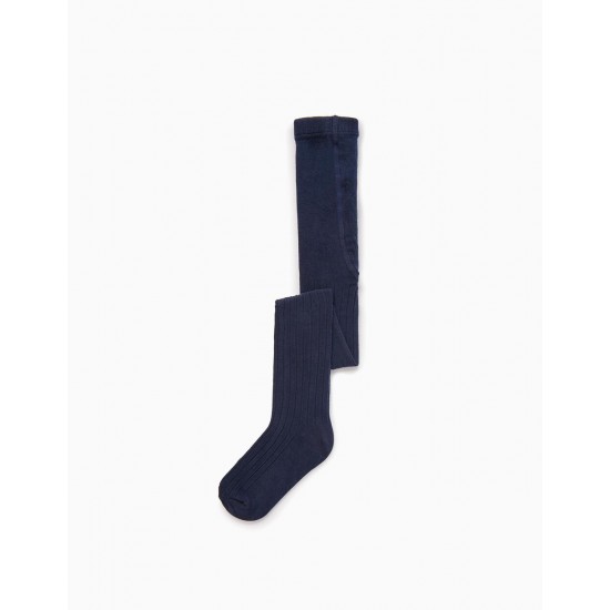 ANTI-PILLING RIBBED TIGHTS FOR GIRLS, DARK BLUE